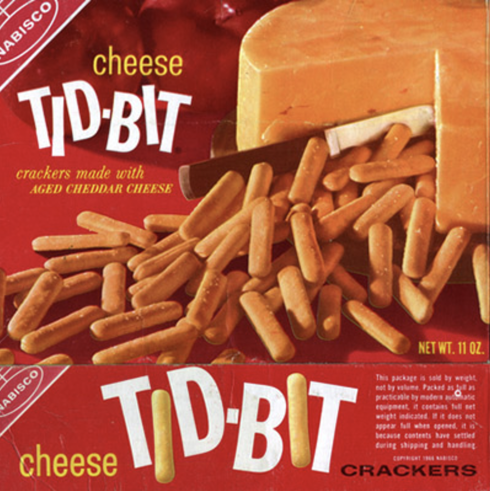 1970's snacks - Abisco Abisco cheese Tidbit crackers made with Aged Cheddar Cheese cheese TdBit Net Wt. 11 Oz. This package is sold by weight tby v Packed enest, it crtains fleet weight indicated if it does t appear full when speed, it i because contents 